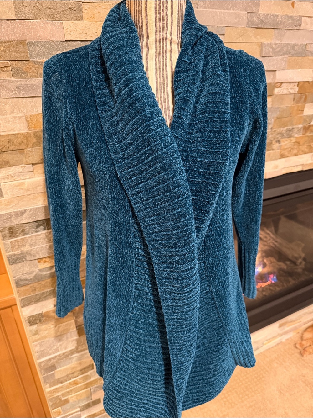 Seven7 Teal Chenille Open-Front Shawl Collar Cardigan